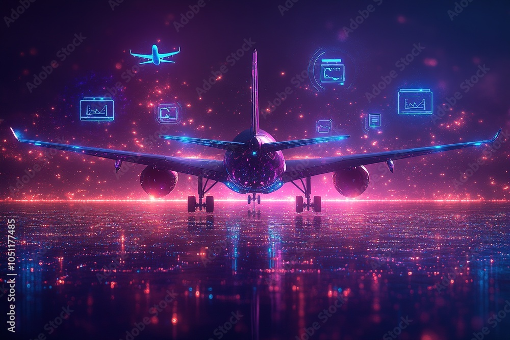 Obraz premium Airplane on runway with neon lights and digital icons.