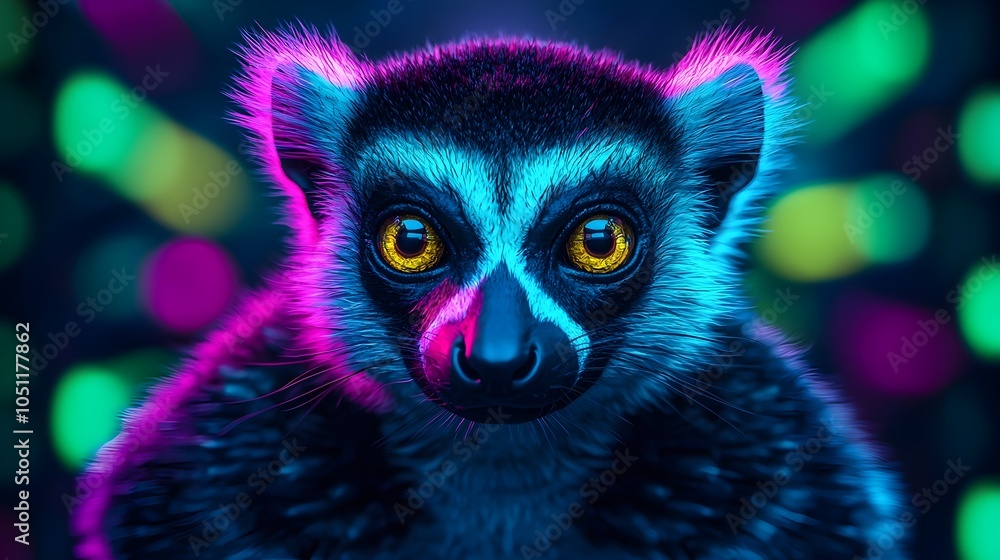 Naklejka premium Digitally rendered image of a lemur swinging through a lush surreal jungle setting with glowing vines holographic details neon greens and yellows and cyber fantasy inspired elements A dynamic