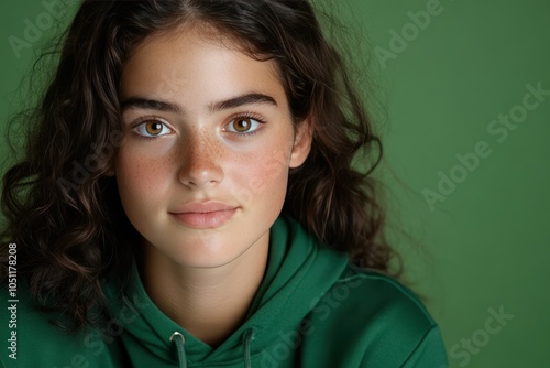 Confident Young Athlete in Green Top Poses for Portrait on Green Background