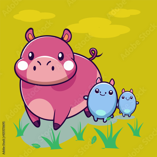 Happy Piggy Family Adventure, vector style