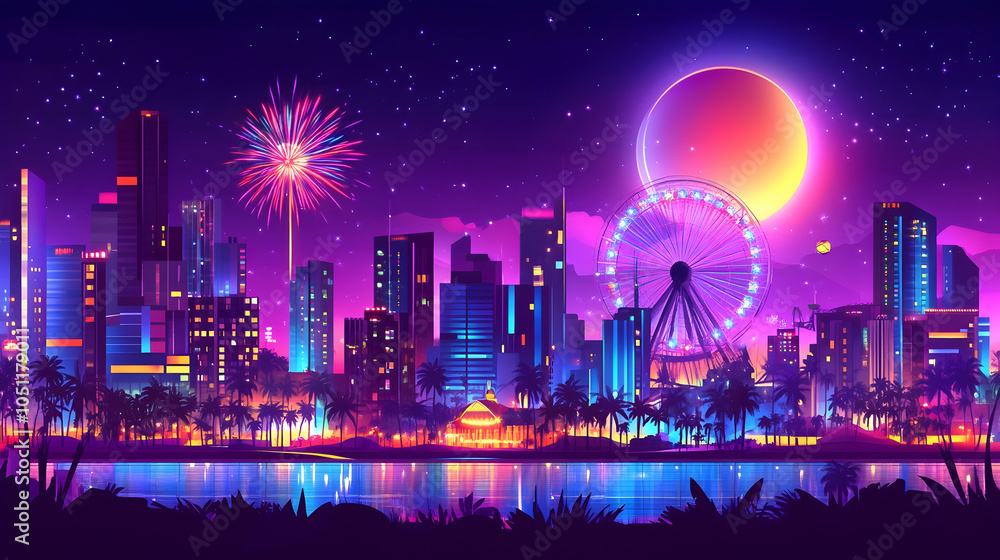 Neon Cityscape with Ferris Wheel and Fireworks, urban, night, lights, glowing, colorful Neon Cityscape with Ferris Wheel and Fireworks, urban, night, lights, glowing, colorful