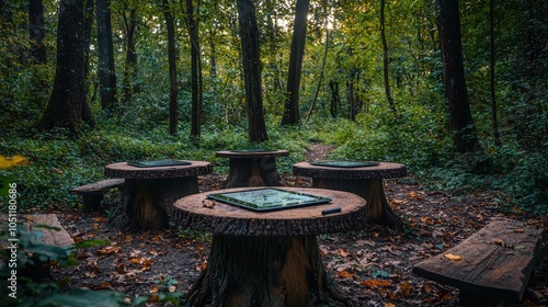 A forest picnic where each table has a tablet showing local wildlife facts and ecosystem history, encouraging learning in an outdoor setting enhanced by technology  photo