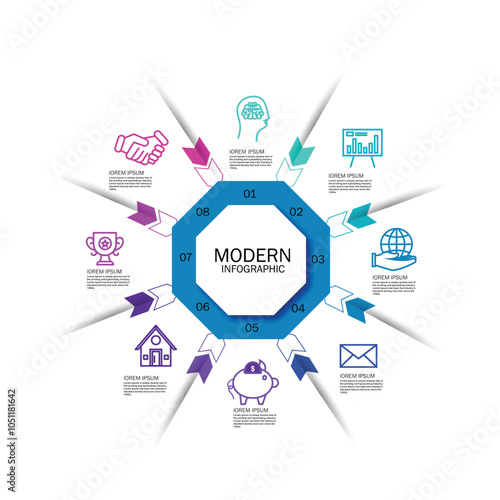 Modern hexagon infographic template 8 options for workflow layout, diagram, number options, step up options, web design and presentation