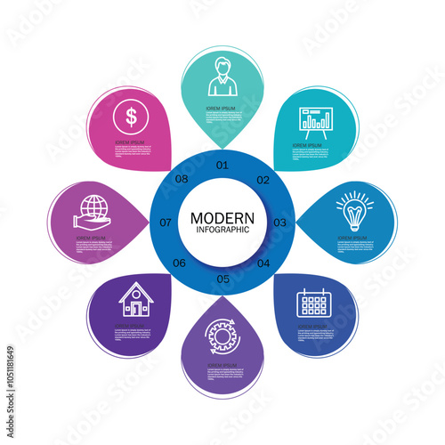 Modern infographic design template. Simple circular diagram with 8 successively connected round elements