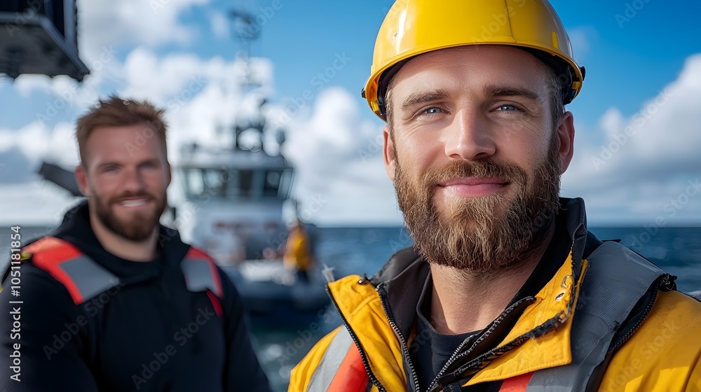 Obraz premium A skilled technician in a bright yellow safety jacket and helmet working diligently on the control systems of a large industrial turbine with the calm sea visible in the background