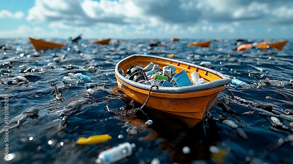 Fototapeta premium Boats Collecting Plastic in Ocean Cleanup Scene