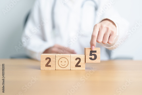 Wallpaper Mural Happy New Year 2025 with Smile block against doctor. Health, Healthcare insurance, medical Satisfaction, feedback, Review, mental health, wellbeing, wellness and good year concept Torontodigital.ca