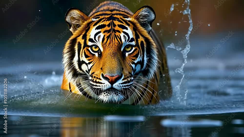 Majestic tiger, fierce predator of wild, emerges from water, showcasing vibrant stripes and powerful presence, evoking awe in natures grand display of wildlife. Majestic tiger, fierce predator of wild, emerges from water, showcasing vibrant stripes and powerful presence, evoking awe in natures grand display of wildlife.