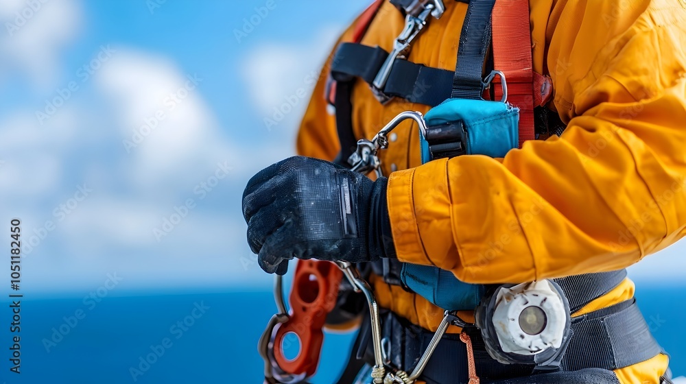 Close up view of a technician s safety harness helmet and other protective equipment while working on the maintenance of an offshore wind turbine at sea Close up view of a technician s safety harness helmet and other protective equipment while working on the maintenance of an offshore wind turbine at sea