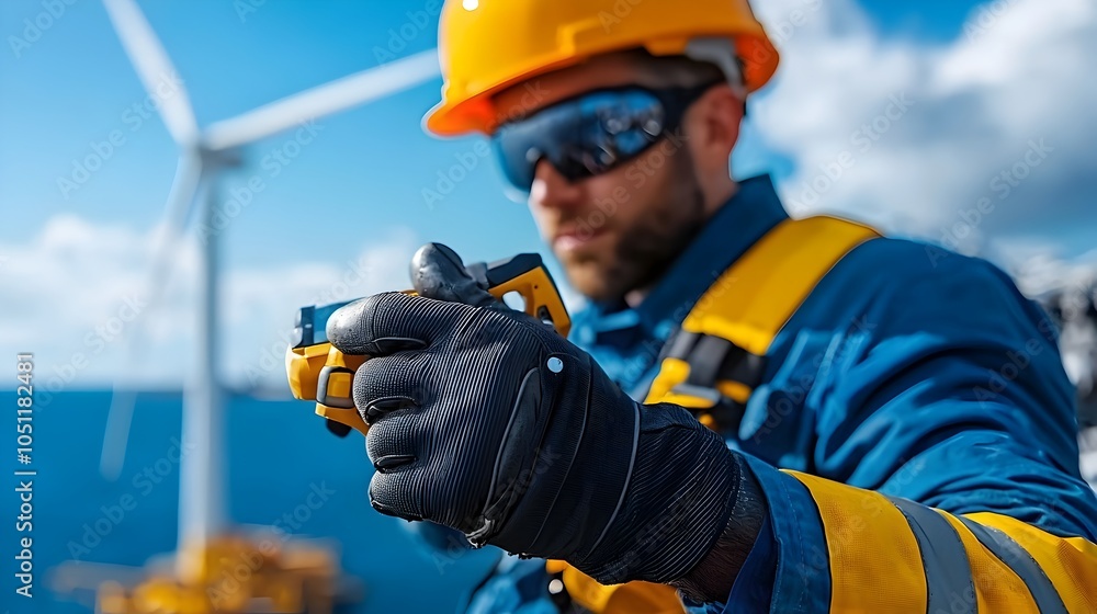 Detailed Close up View of a Technician s Safety Harness Gear and Equipment Used for Maintaining Wind Turbines at an Offshore Location in the Sea Detailed Close up View of a Technician s Safety Harness Gear and Equipment Used for Maintaining Wind Turbines at an Offshore Location in the Sea
