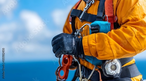 Close up view of a technician s safety harness helmet and other protective equipment while working on the maintenance of an offshore wind turbine at sea photo