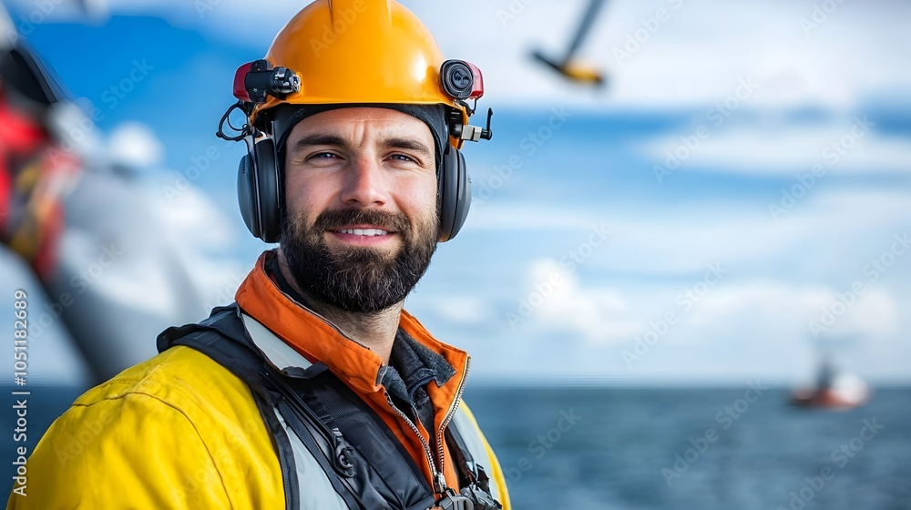 Fototapeta premium Technician in safety gear and equipment working at the top of a wind turbine tower with the vast ocean and distant horizon stretching out below