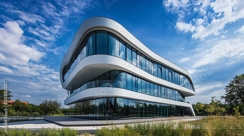 The design combines modern architecture with natural elements, offering   A contemporary apartment building with expansive balconies and large glass windows    photo