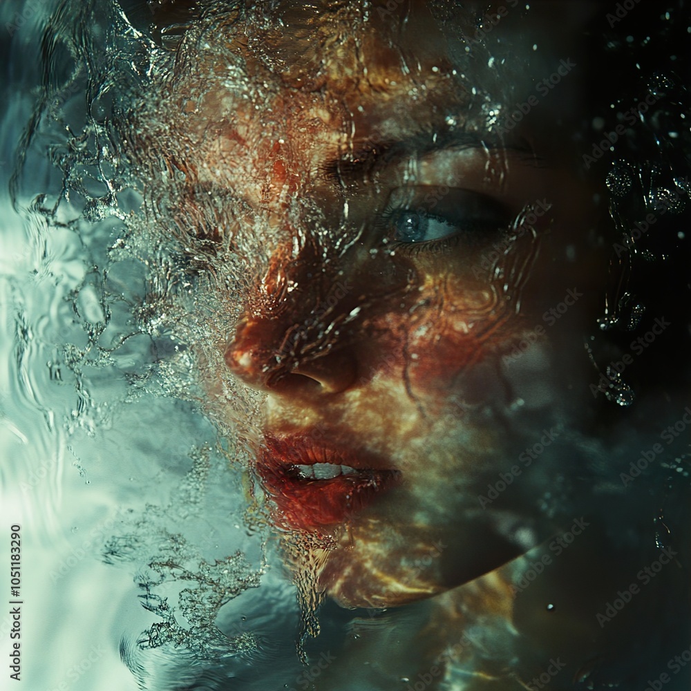 Fototapeta premium Watery Portrait: A Woman's Face Emerging from the Depths