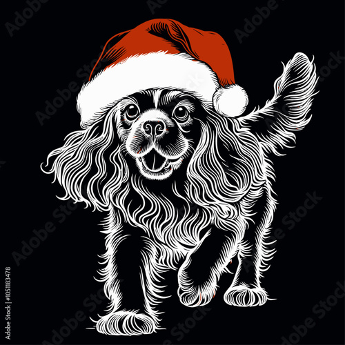 Charming Cavalier King Charles Spaniel Dog in Festive Holiday Spirit with Santa Hat