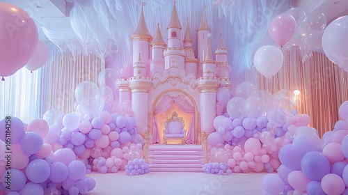 Whimsical pink castle party with balloons and decorations photo