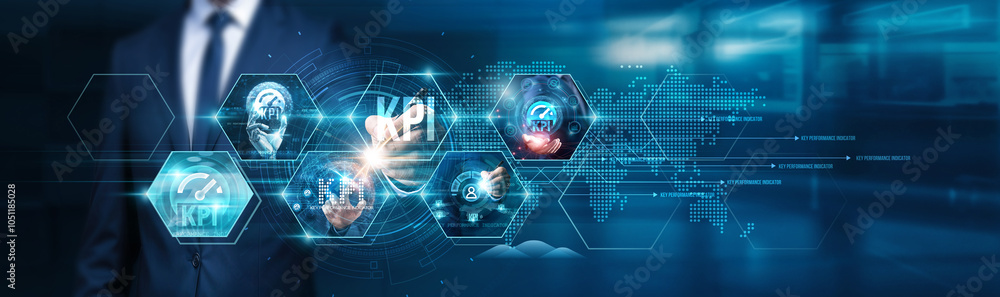 KPI. Businessman touches Key Performance Indicator metrics, evaluating progress, analyzing strategic goals, monitoring business growth, optimizing company performance. KPI. Businessman touches Key Performance Indicator metrics, evaluating progress, analyzing strategic goals, monitoring business growth, optimizing company performance.