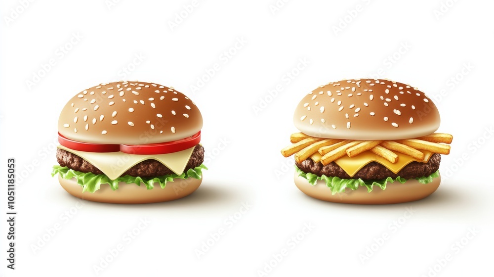 Vibrant Burgers and Fries on White Background Vibrant Burgers and Fries on White Background