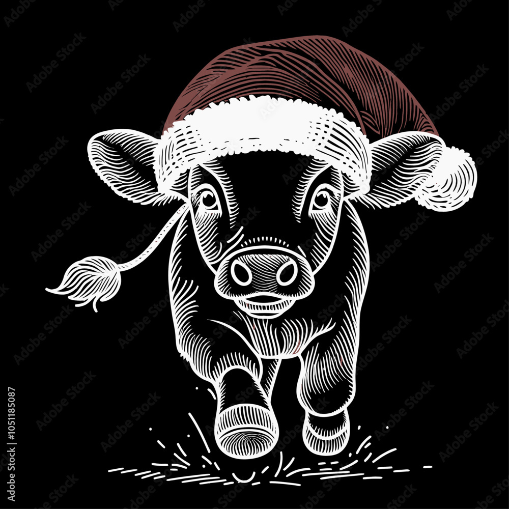Obraz premium Festive Cow with Santa Hat Celebrating the Holiday Spirit in a Joyful Scene