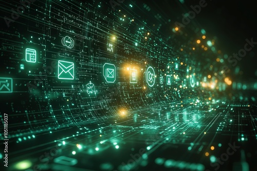 Futuristic digital tunnel with glowing icons and data streams.