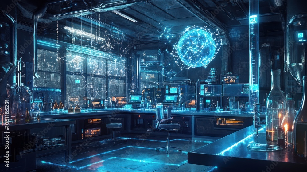 A futuristic laboratory with glowing blue lights and a holographic globe. A futuristic laboratory with glowing blue lights and a holographic globe.