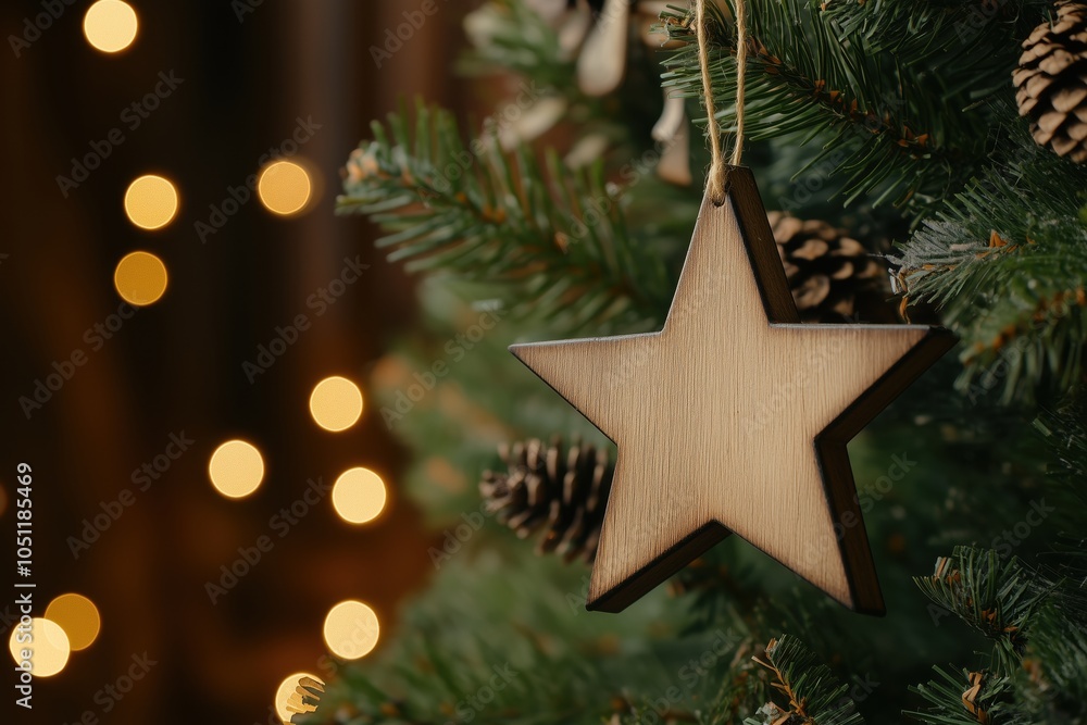 a toy in the form of a wooden star is hanging on the Christmas tree a toy in the form of a wooden star is hanging on the Christmas tree
