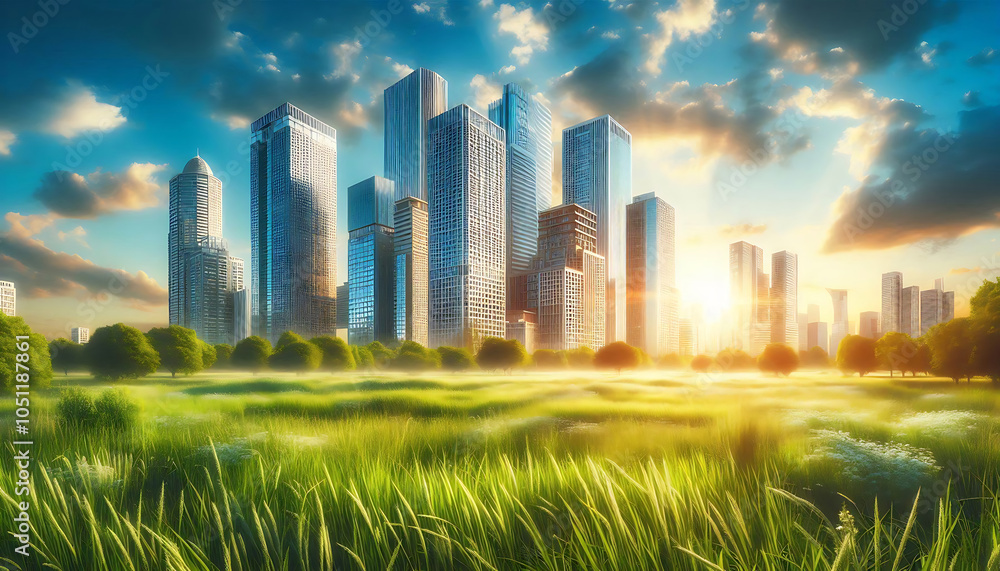 Urban Sunrise Towers Amidst the Misty Meadows, Generative Ai Urban Sunrise Towers Amidst the Misty Meadows, Generative Ai