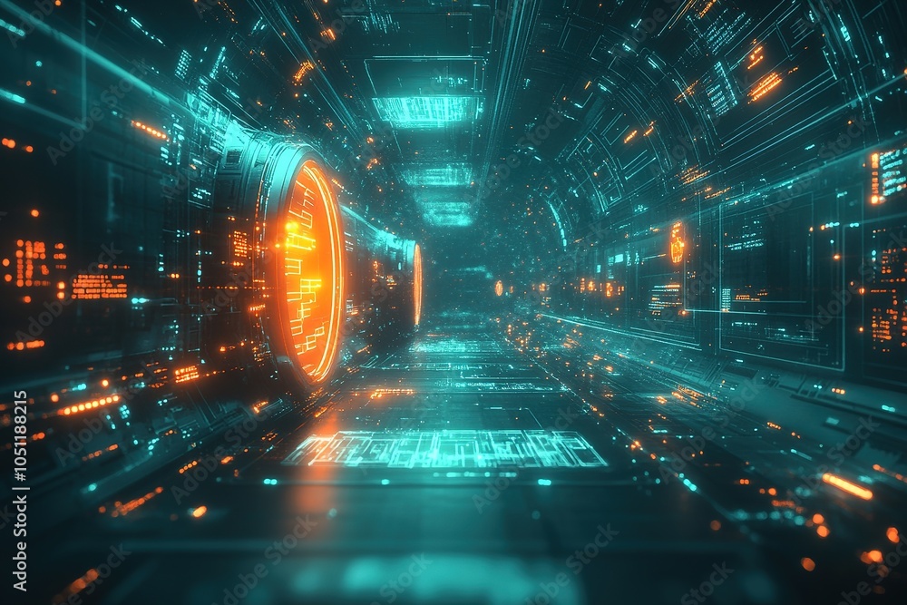 Fototapeta premium Futuristic tunnel with glowing orange and cyan lights.