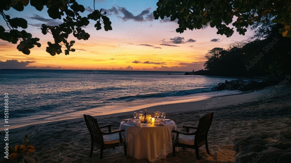 A private beach dinner for two, with white linens and soft candlelight, framed by the ocean at sunset A private beach dinner for two, with white linens and soft candlelight, framed by the ocean at sunset