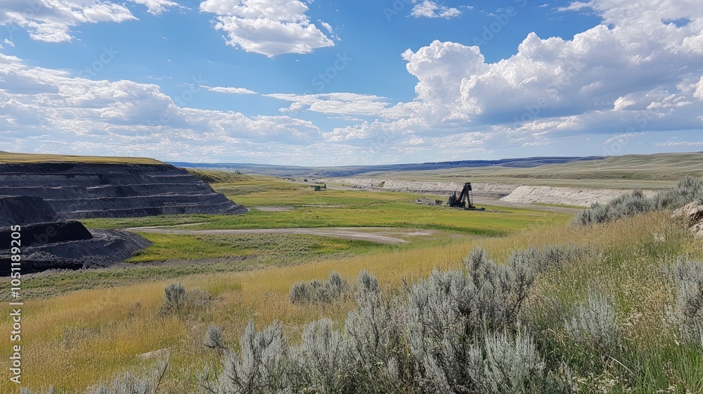 Obraz premium Open-pit Coal Mine with Mining Equipment and Rolling Hills under a Blue Sky