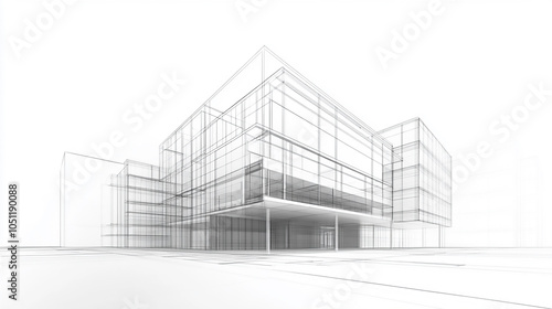 Modern Architecture building construction perspective design, building sketch line drawing on white background Modern Architecture building construction perspective design, building sketch line