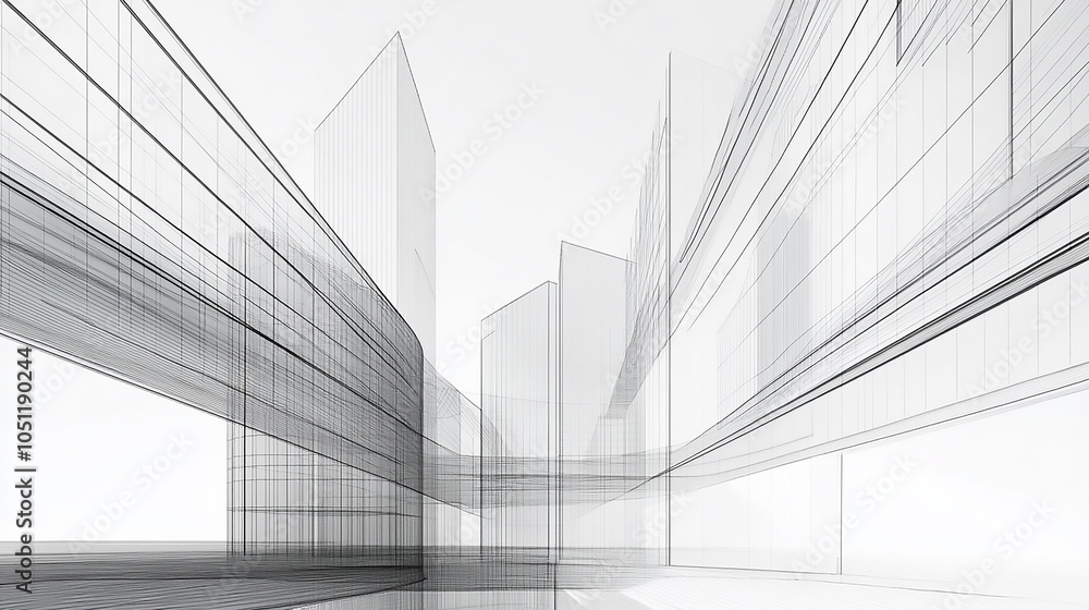 Fototapeta premium Modern Architecture building construction perspective design, building sketch line drawing on white background Modern Architecture building construction perspective design, building sketch line