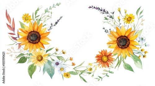 A beautiful floral arrangement featuring sunflowers and wildflowers in watercolor style for elegant art and design