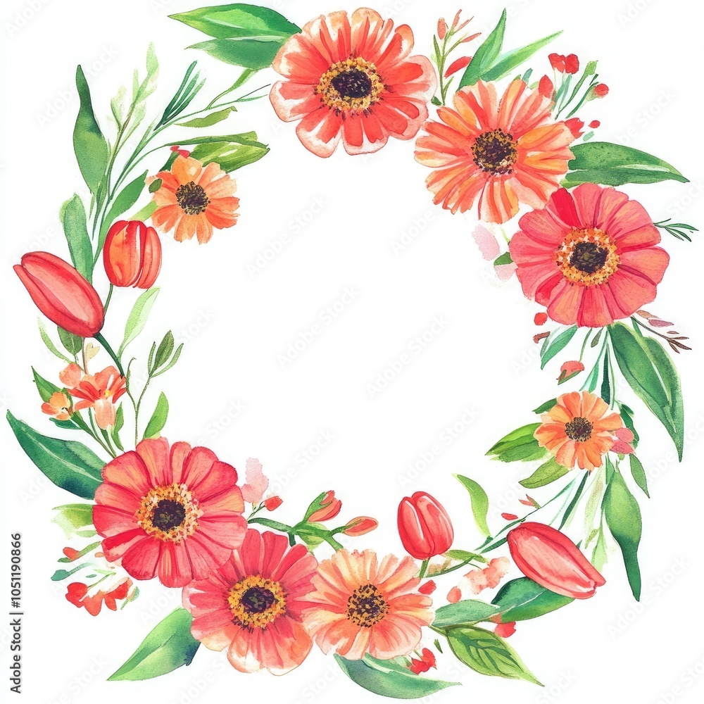 Fototapeta premium Vibrant floral wreath design with lush blooms and delicate greenery for spring decor
