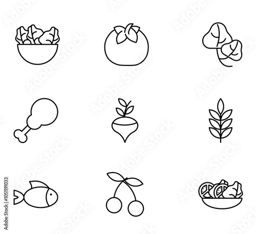 Healthy food fresh fruits vegetables and protein ingredient products icons set line style icon Vector