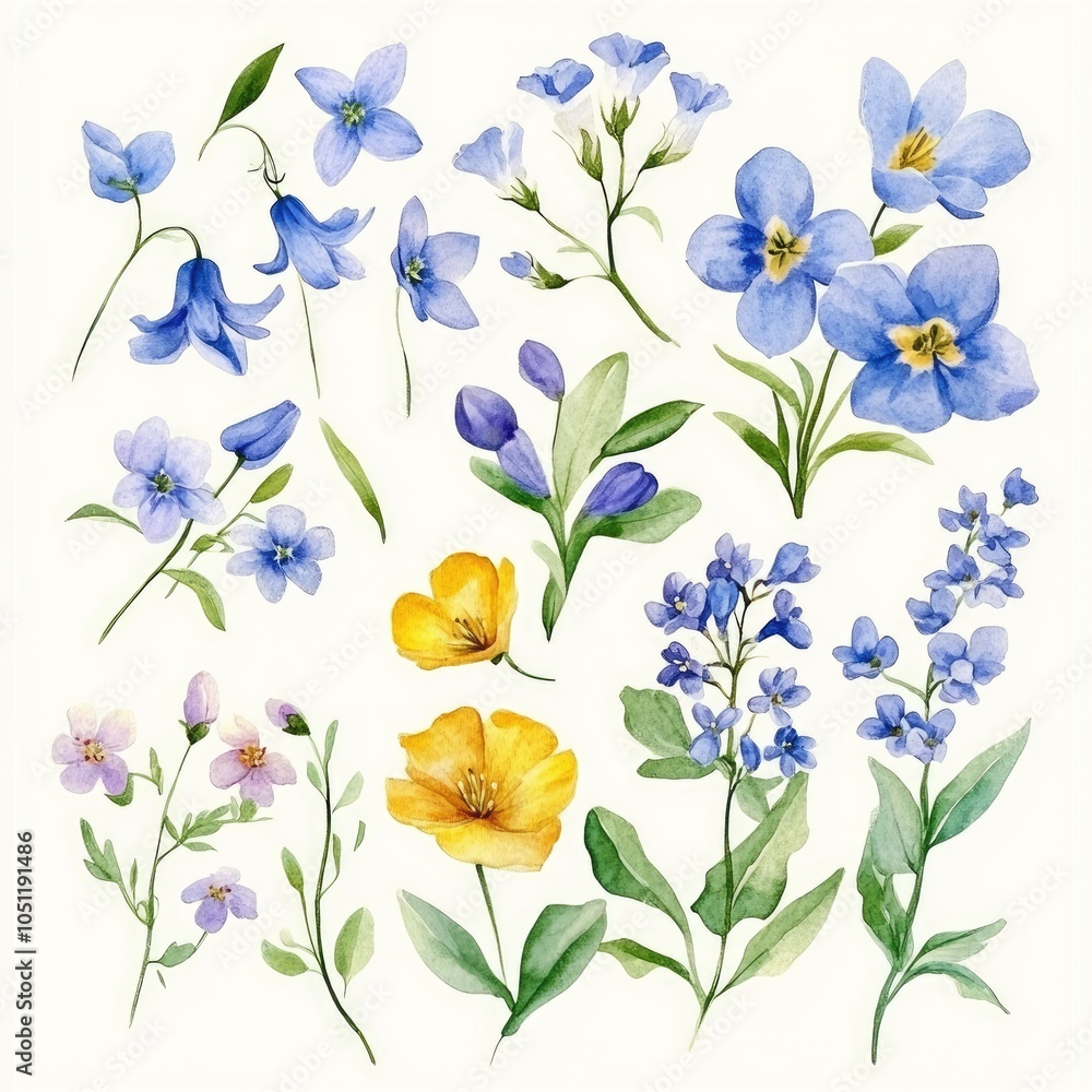 Fototapeta premium Delicate botanical illustrations a stunning collection of blue and yellow flowers in watercolor