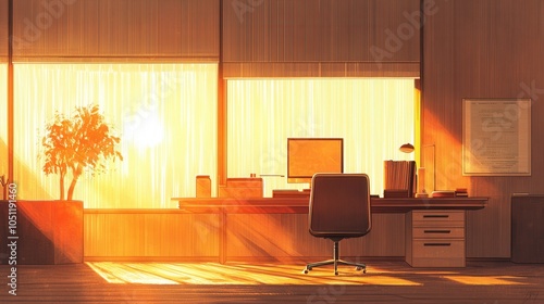 Warm Sunset Office Interior with Modern Design