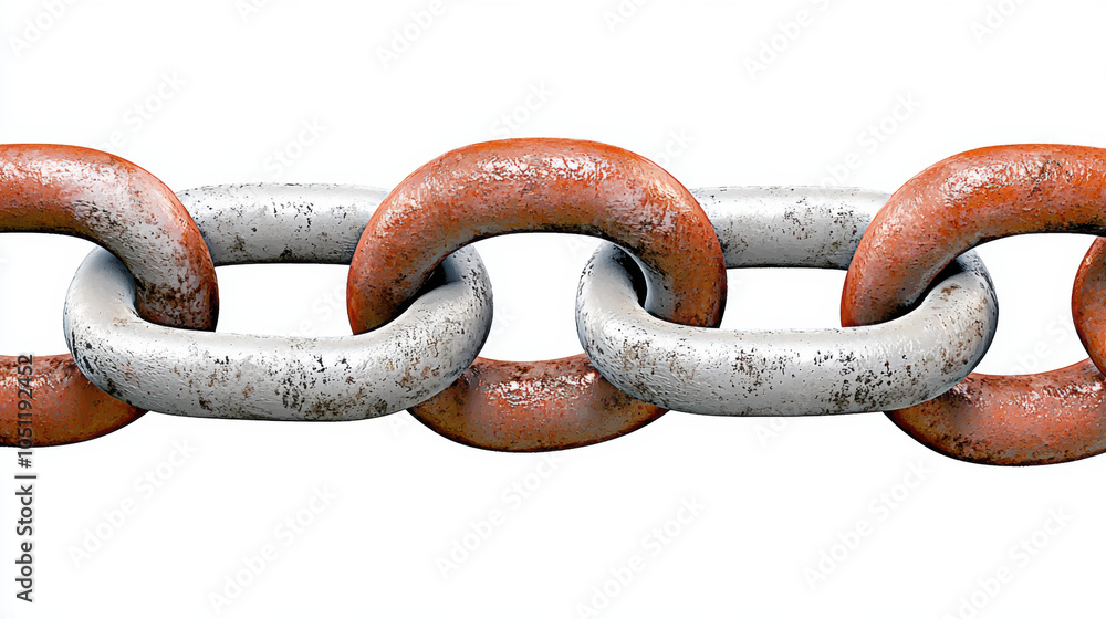 Rusty metal chain links in orange and silver colors, showcasing texture and wear. image highlights strength and durability of chains, symbolizing connection and security Rusty metal chain links in orange and silver colors, showcasing texture and wear. image highlights strength and durability of chains, symbolizing connection and security