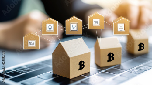 Digital blockchain technology is represented through small house icons connected by lines, symbolizing supply chain tracking. This innovative approach enhances transparency and efficiency in real