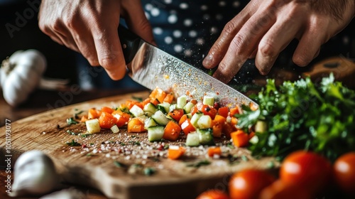 Chopping fresh vegetables on a wooden cutting board with a chef's knife.