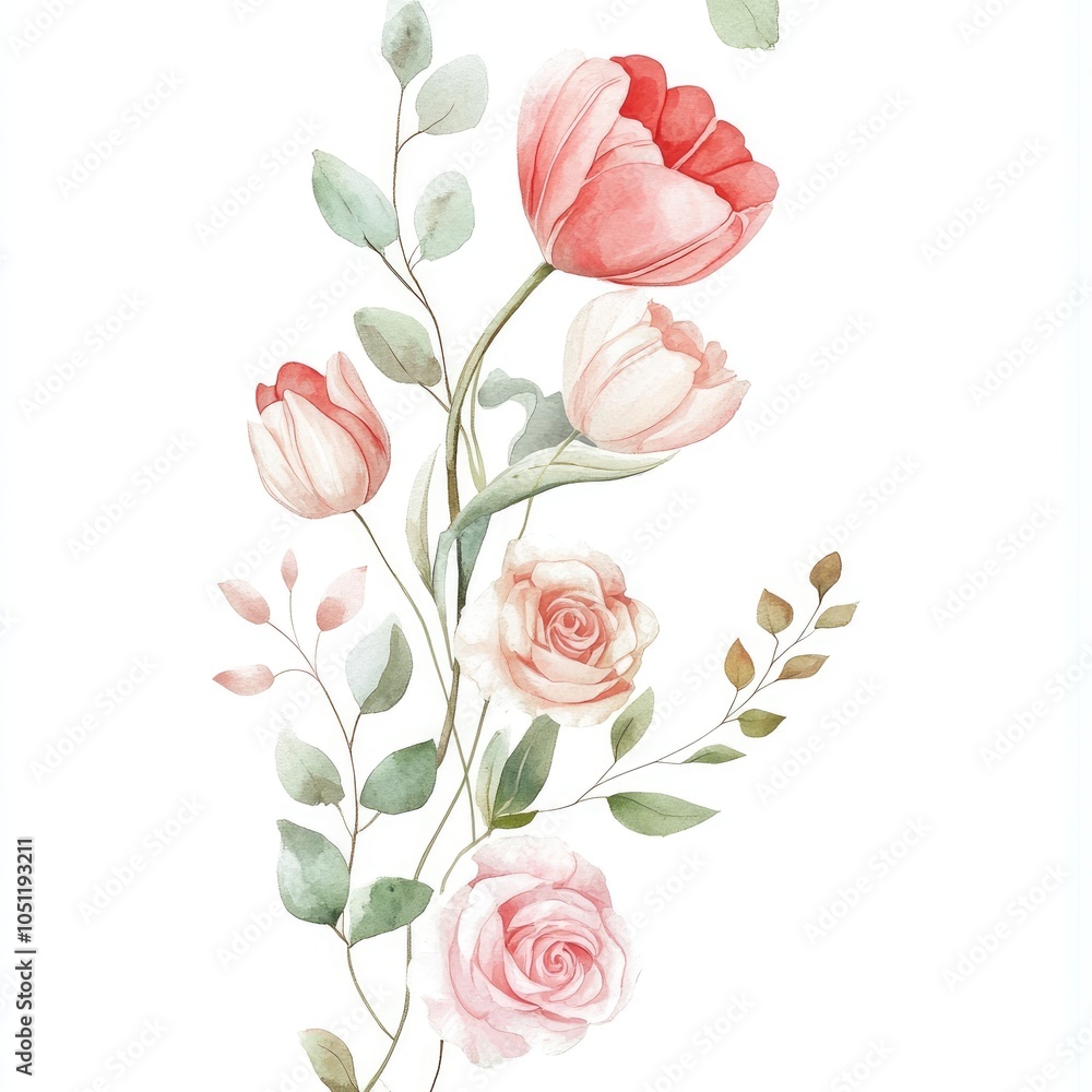 Obraz premium Elegant floral illustration featuring vibrant tulips and roses for creative design projects