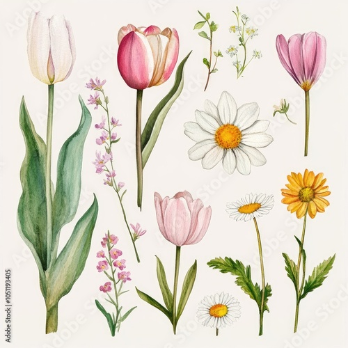Wallpaper Mural Beautiful floral watercolor illustrations featuring varieties of tulips daisies and wildflowers perfect for botanical art lovers Torontodigital.ca