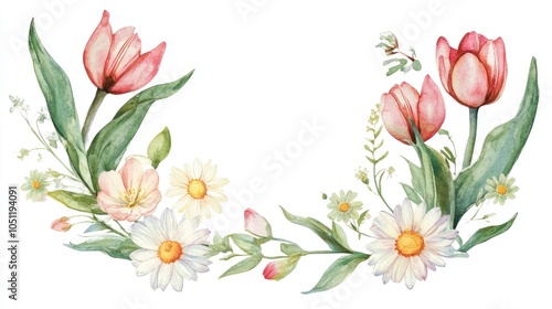 Delicate watercolor tulips and daisies arrangement for spring decor