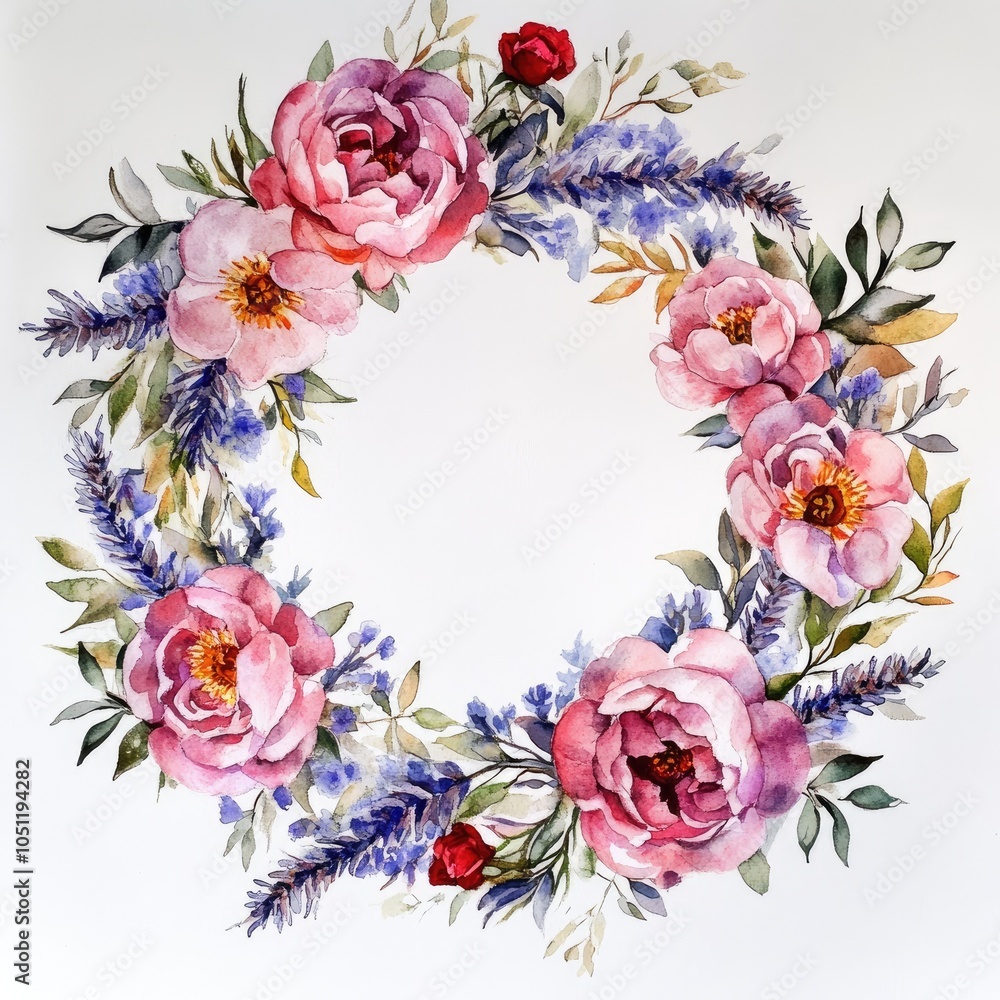 Fototapeta premium Beautiful floral wreath with peonies and lavender for home decor and celebrations