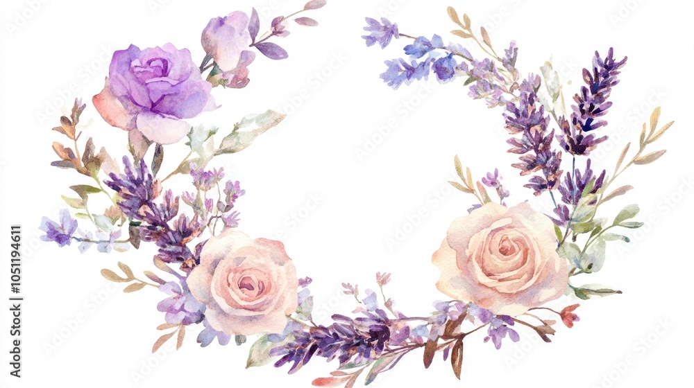 Elegant floral wreath design featuring soft pastel roses and lavenders in watercolor style for invitations and decor Elegant floral wreath design featuring soft pastel roses and lavenders in watercolor style for invitations and decor
