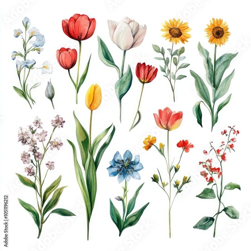 A vibrant collection of hand-painted flowers tulips sunflowers and more for your creative projects