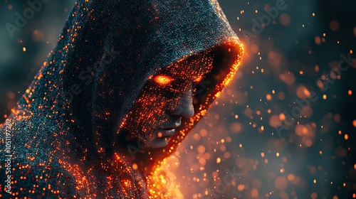 hacker in dark hoodie stands over an immersive dat protection interface, symbolizing cybercrime.image photo