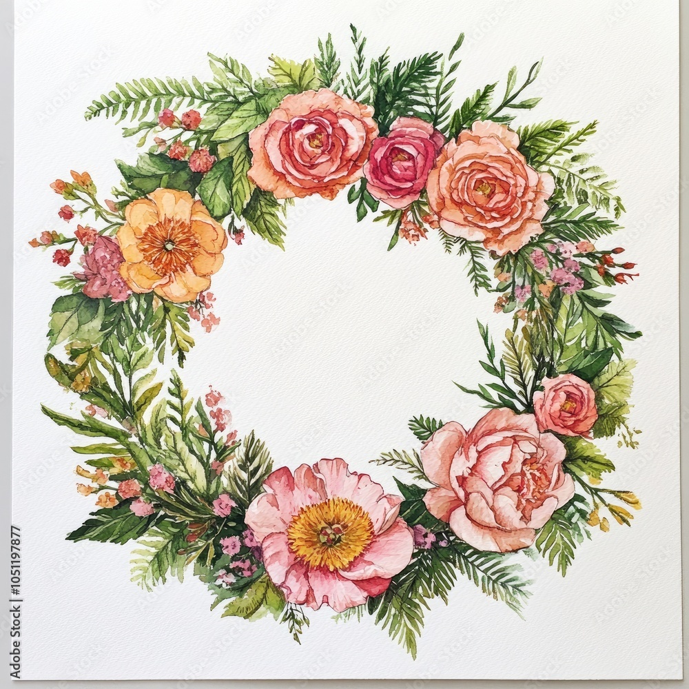 Fototapeta premium Beautiful floral wreath illustration featuring vibrant roses and greenery for nature lovers and home decor enthusiasts