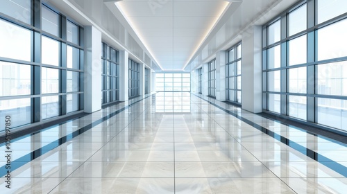 Modern office corridor showcasing a bright glass design, featuring a blank billboard and reflective wooden flooring.