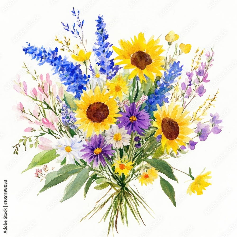 Naklejka premium Vibrant floral bouquet a stunning watercolor arrangement of bright sunflowers and wildflowers